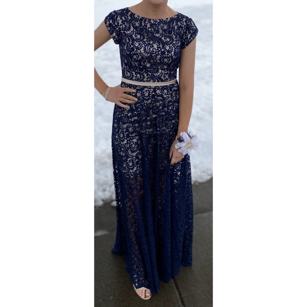 symphony of venus cream dk blue lace dress